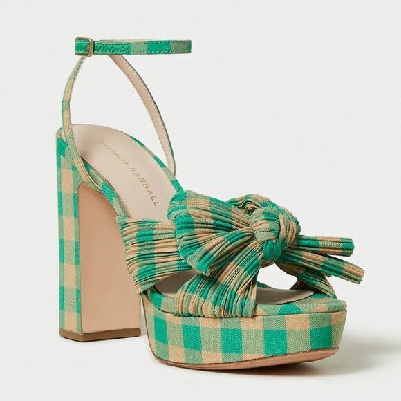 Loeffler Randall Natalia Bow Platform Heel SANDALS Size 5 Green Gingham NEW $450 - Picture 5 of 16